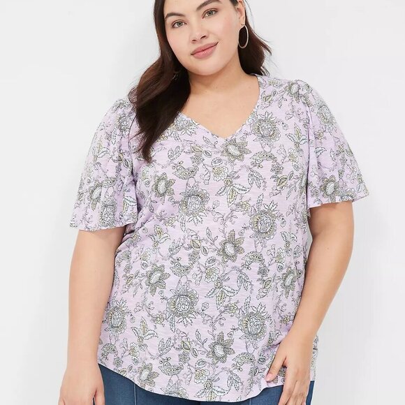 Lane Bryant Purple Floral Flutter-Sleeve V-Neck Top in Size 18/20 (2X) - Picture 1 of 9